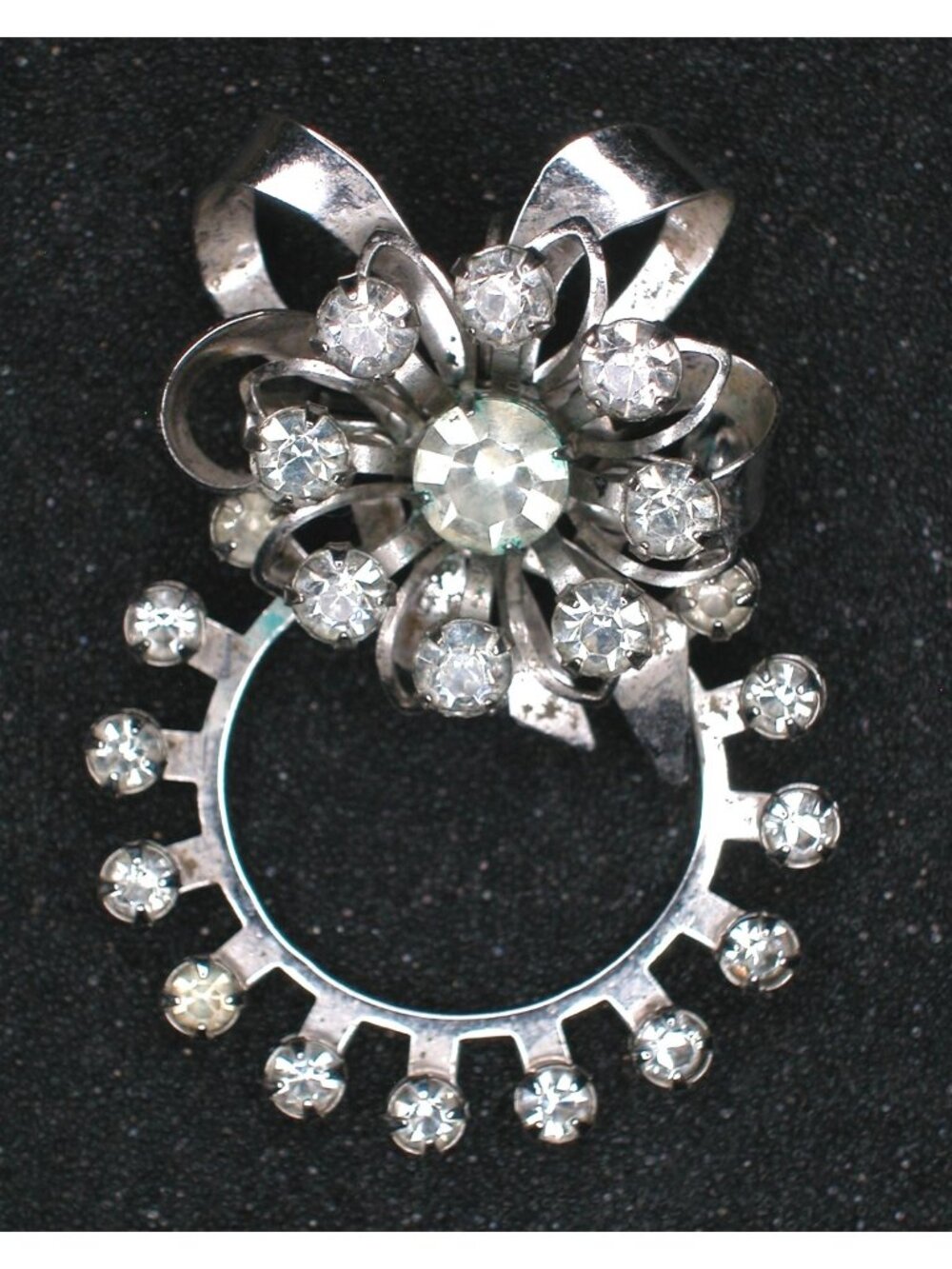 Vintage Silver-Tone Rhinestone Bow & Circle Brooch Pin Sparkling Floral Design